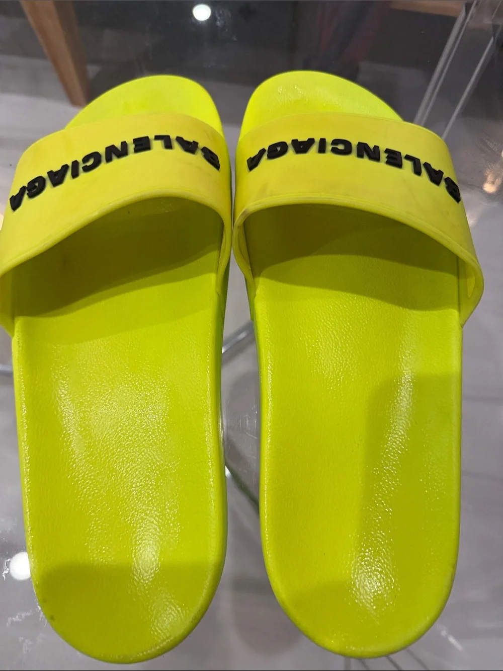 Balenciaga mens Neon Yellow pool Slide Sandals with Black Logo